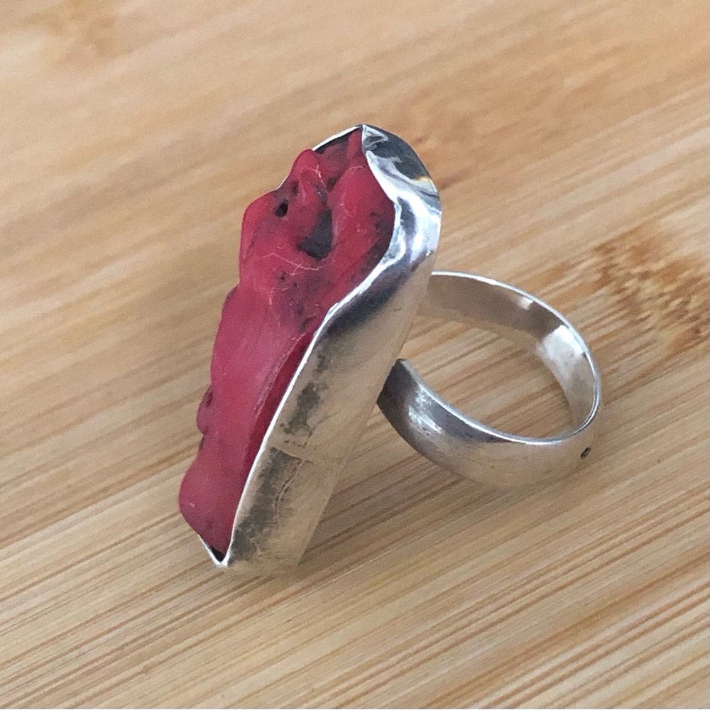 $78 Southwest Native American Red Coral Estate Ring  Sterling   Open Shank  925